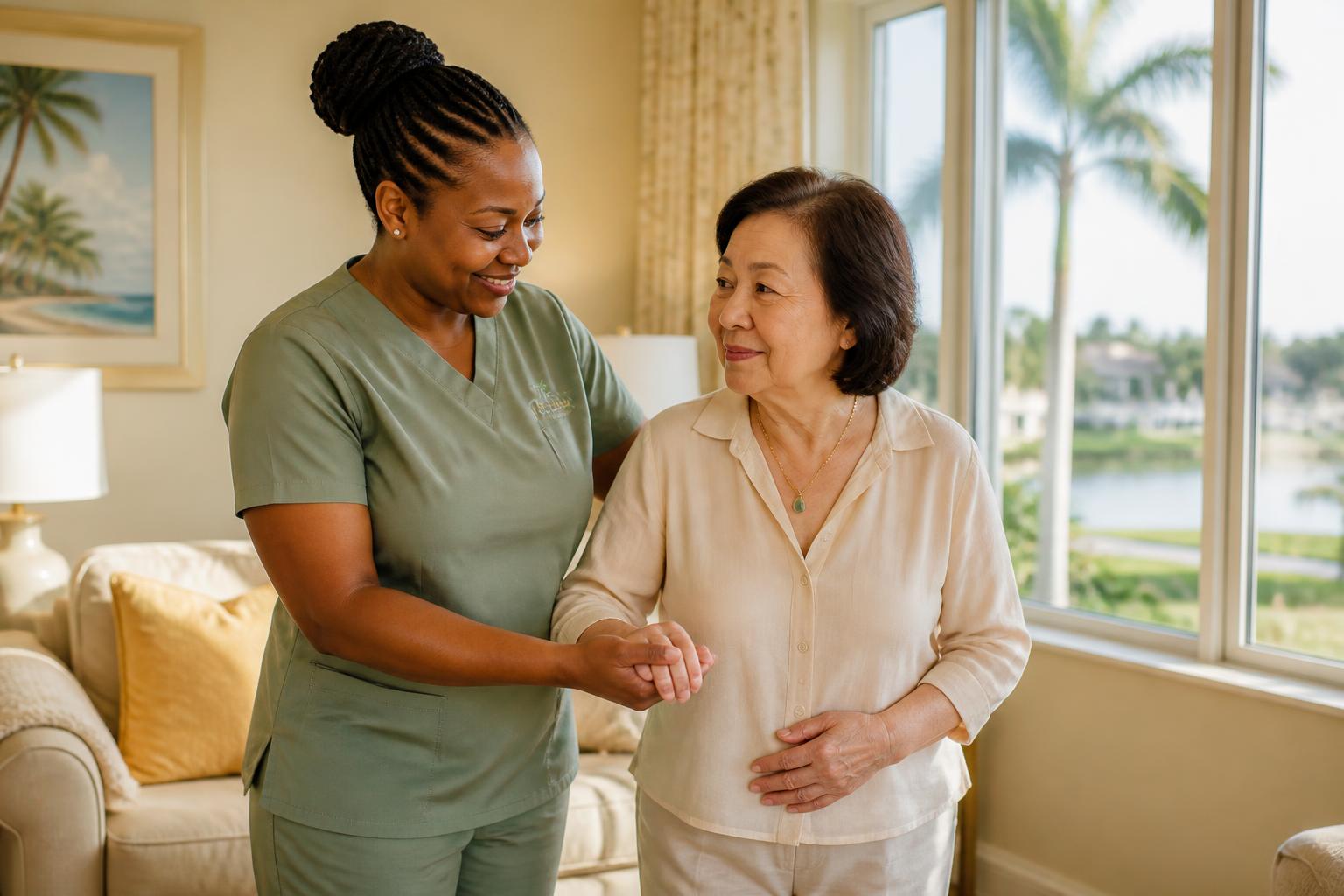 A caregiver sitting and smiling with an older woman in a bright, comfortable Florida home